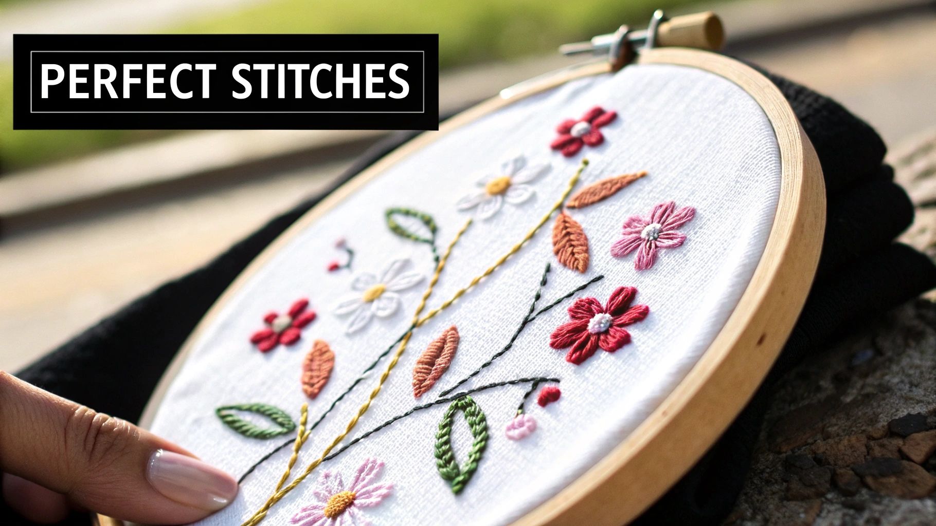 A hand holds an embroidery hoop showcasing vibrant floral stitches, with 'PERFECT STITCHES' text overlay.