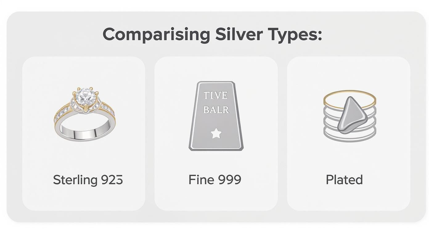 An infographic summarizing the key differences between 925 sterling silver, 999 fine silver, and silver-plated items, focusing on their composition and practical use in jewelry.
