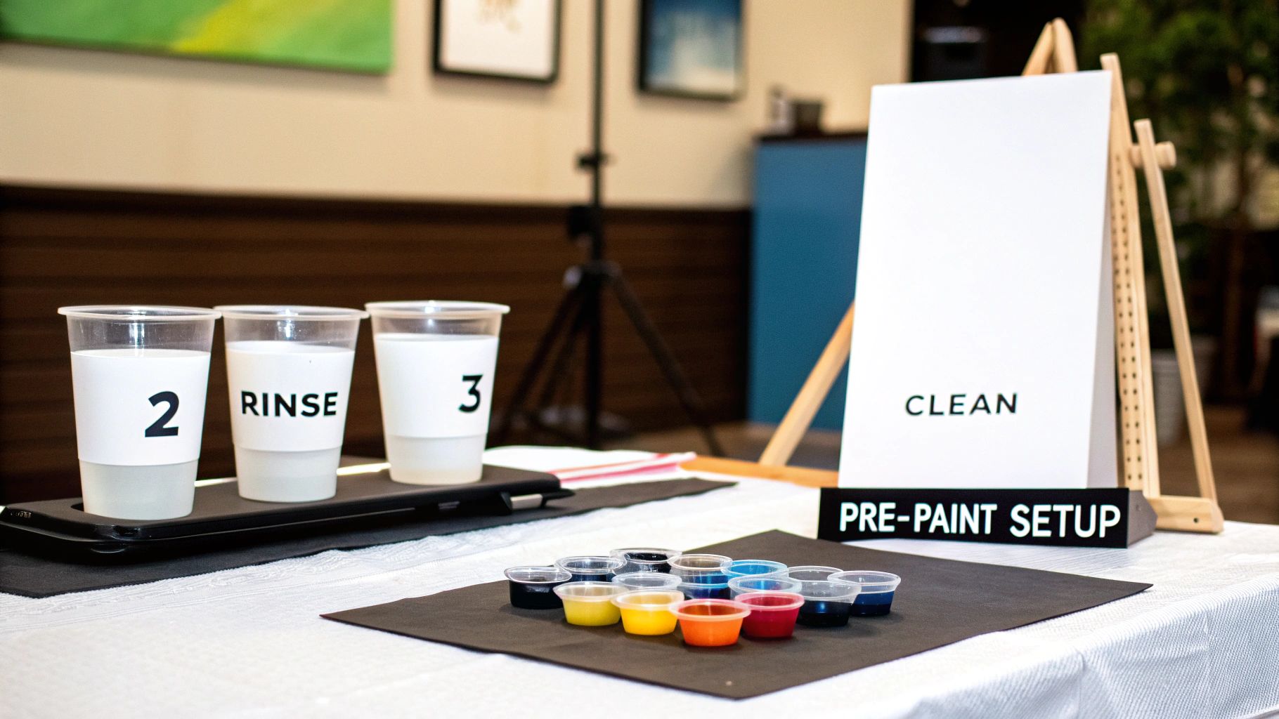 A well-organized paint by numbers setup with canvas, paints, and brushes on a wooden table.