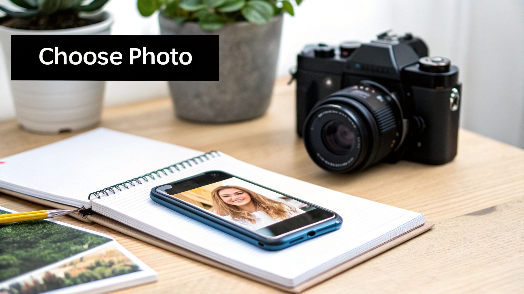 A smartphone displaying a woman's photo, a camera, and notebook on a wooden desk with a 'Choose Photo' text.