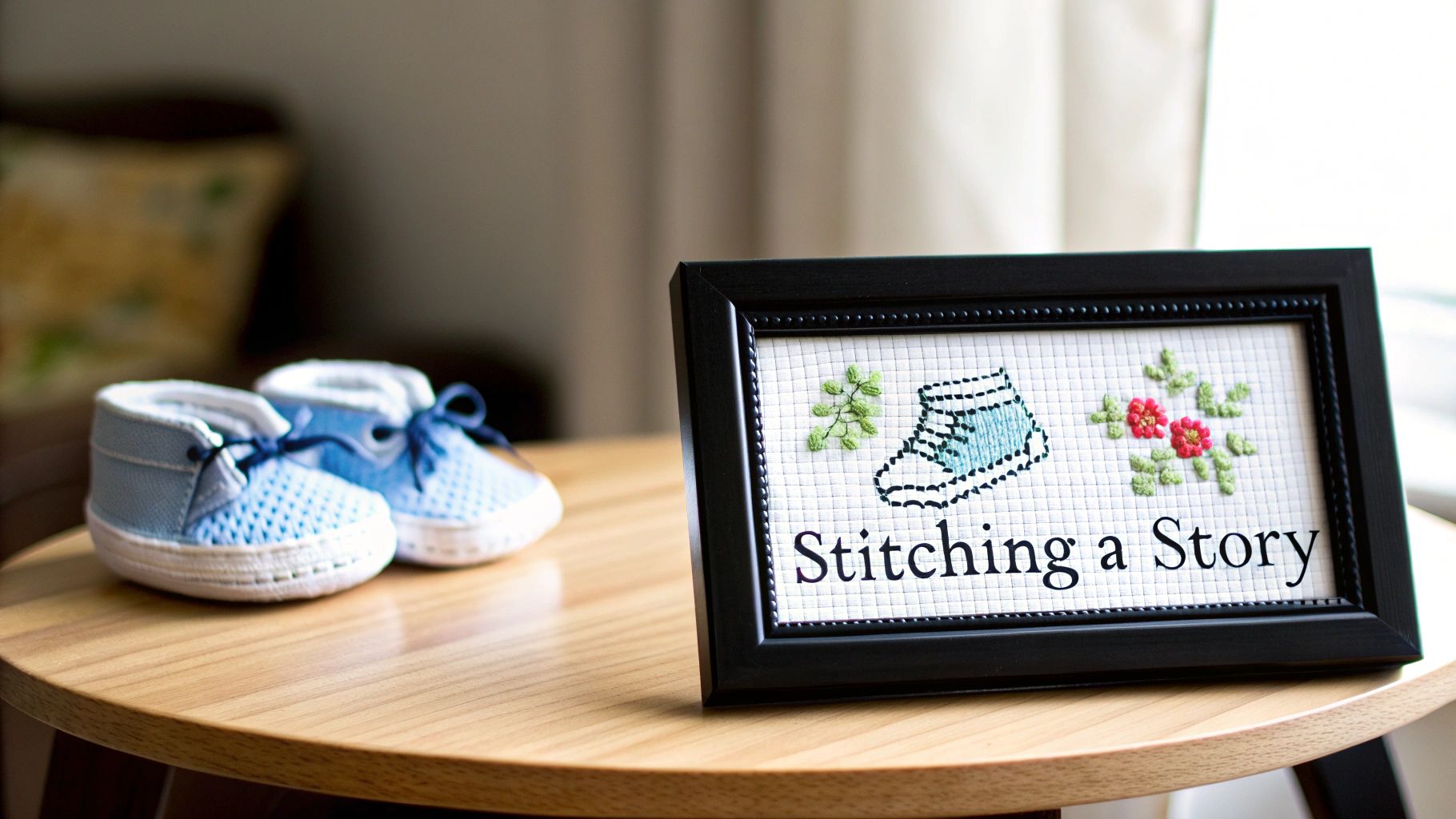 Framed cross stitch embroidery reading Stitching a Story with baby shoe design and tiny blue booties