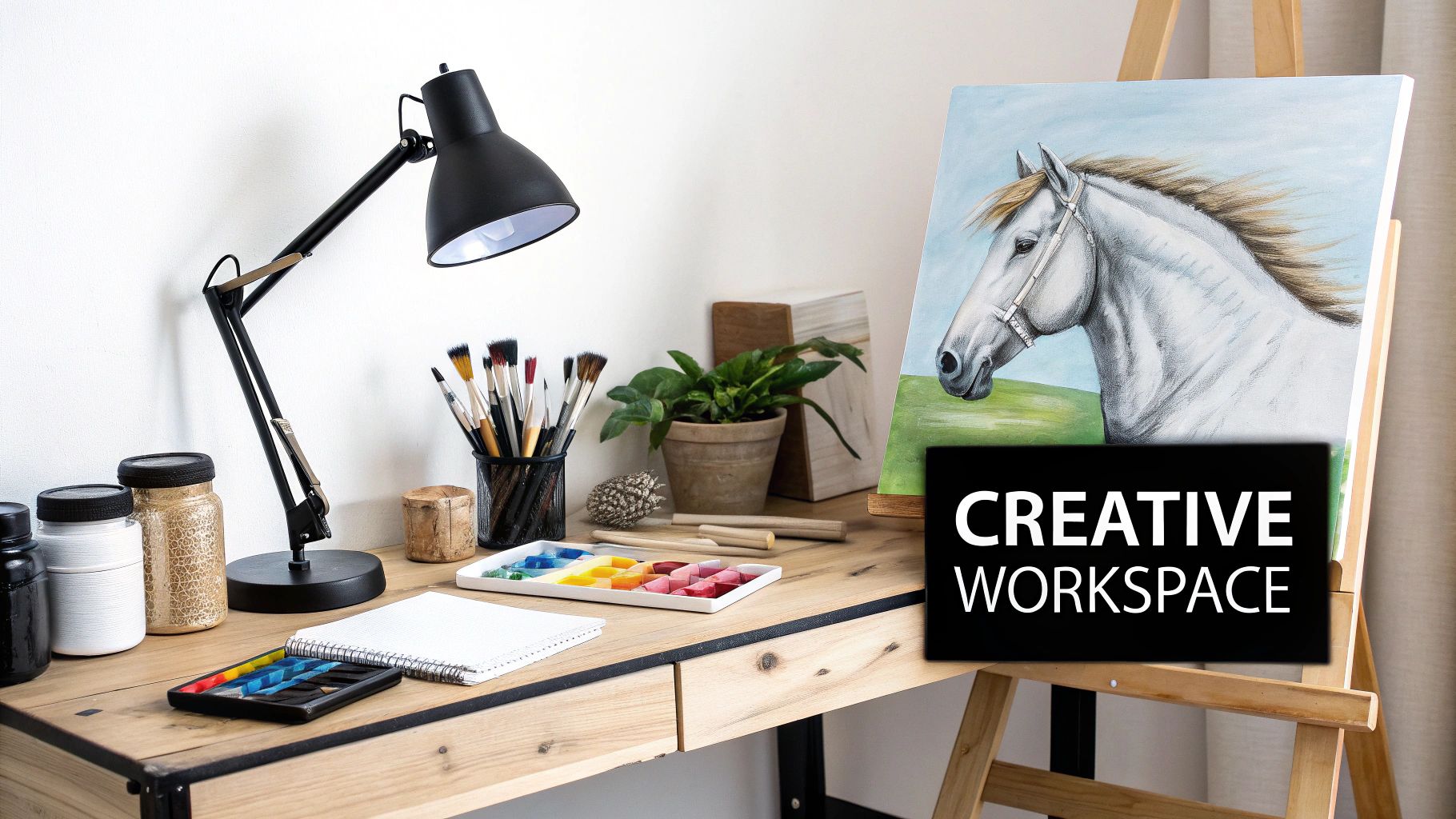 Artist workspace with horse painting on easel, paints, brushes, and creative supplies on wooden desk