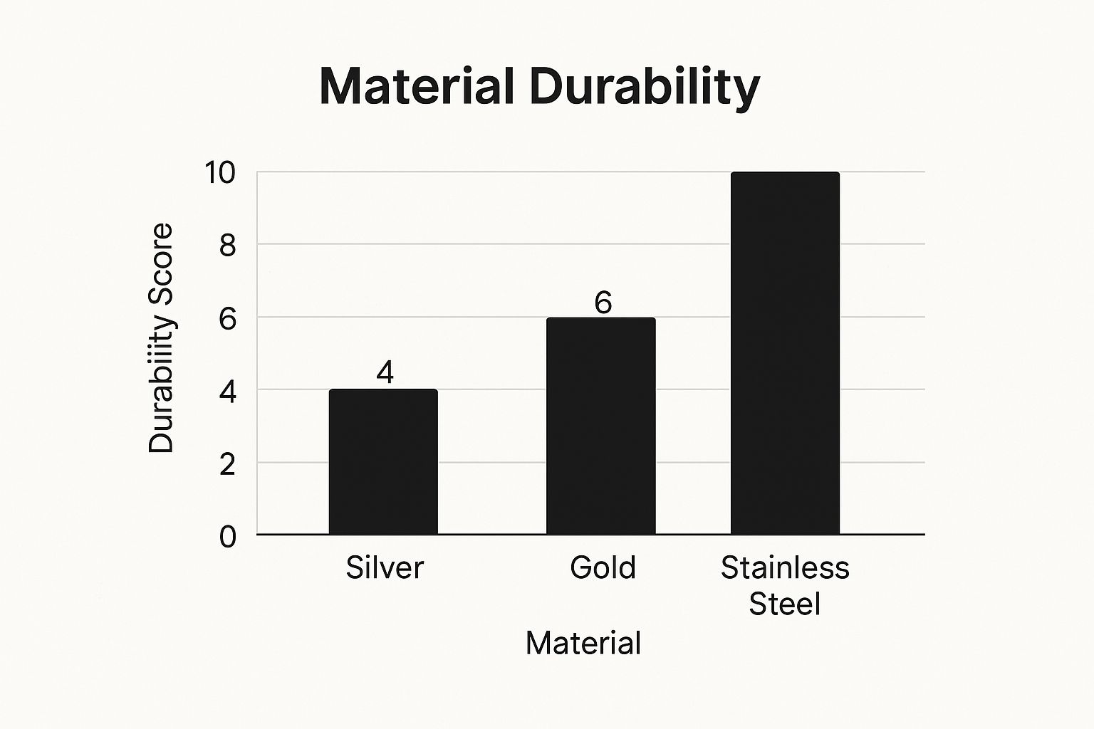 An infographic bar chart comparing the durability of silver, gold, and stainless steel for personalized remembrance jewelry.