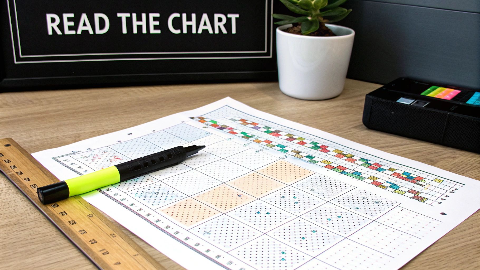 A black 'READ THE CHART' sign above a detailed cross-stitch pattern, with a highlighter and ruler.