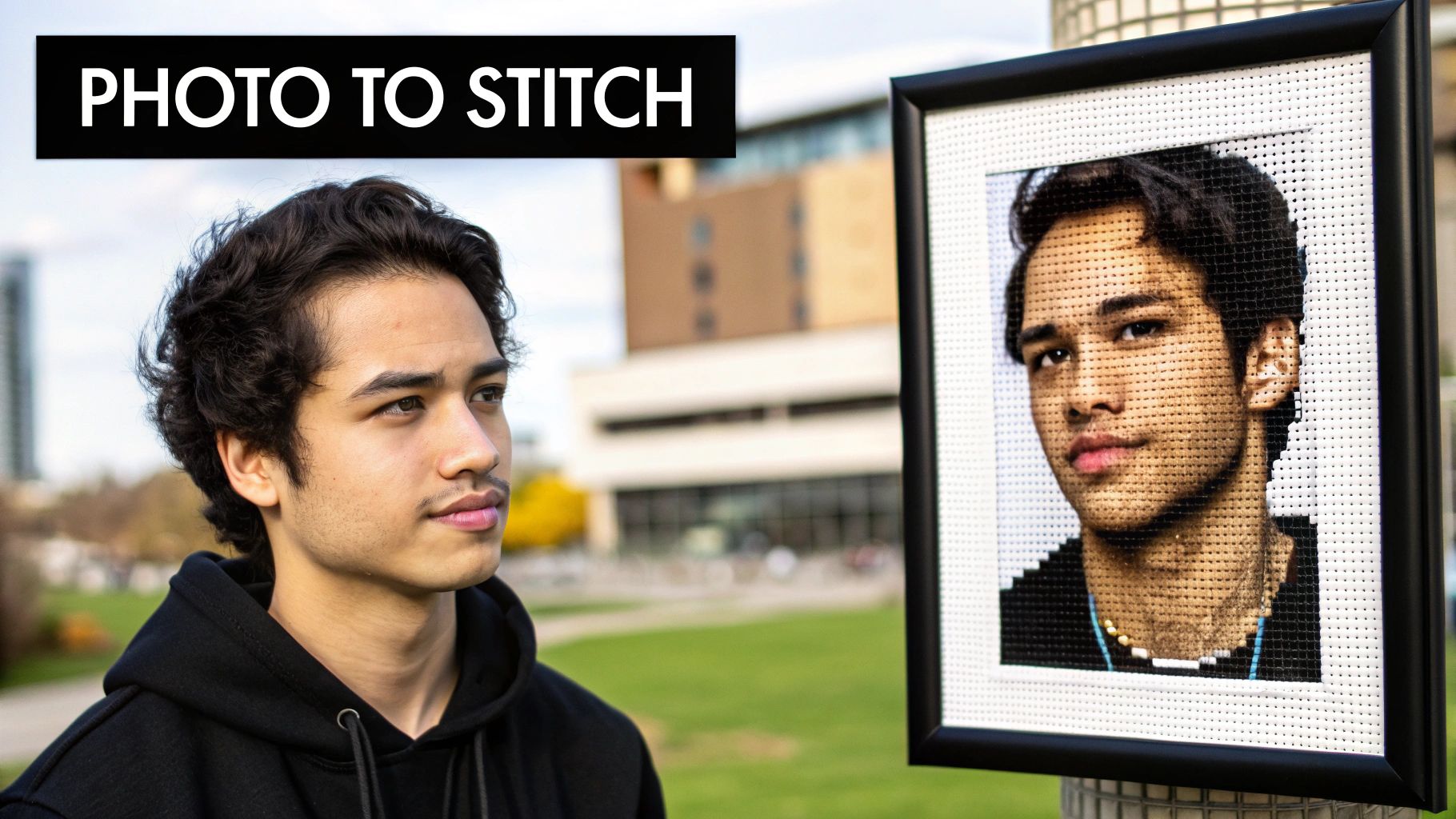 A young man in a black hoodie looking at a framed cross-stitch portrait of himself, titled 'PHOTO TO STITCH'.