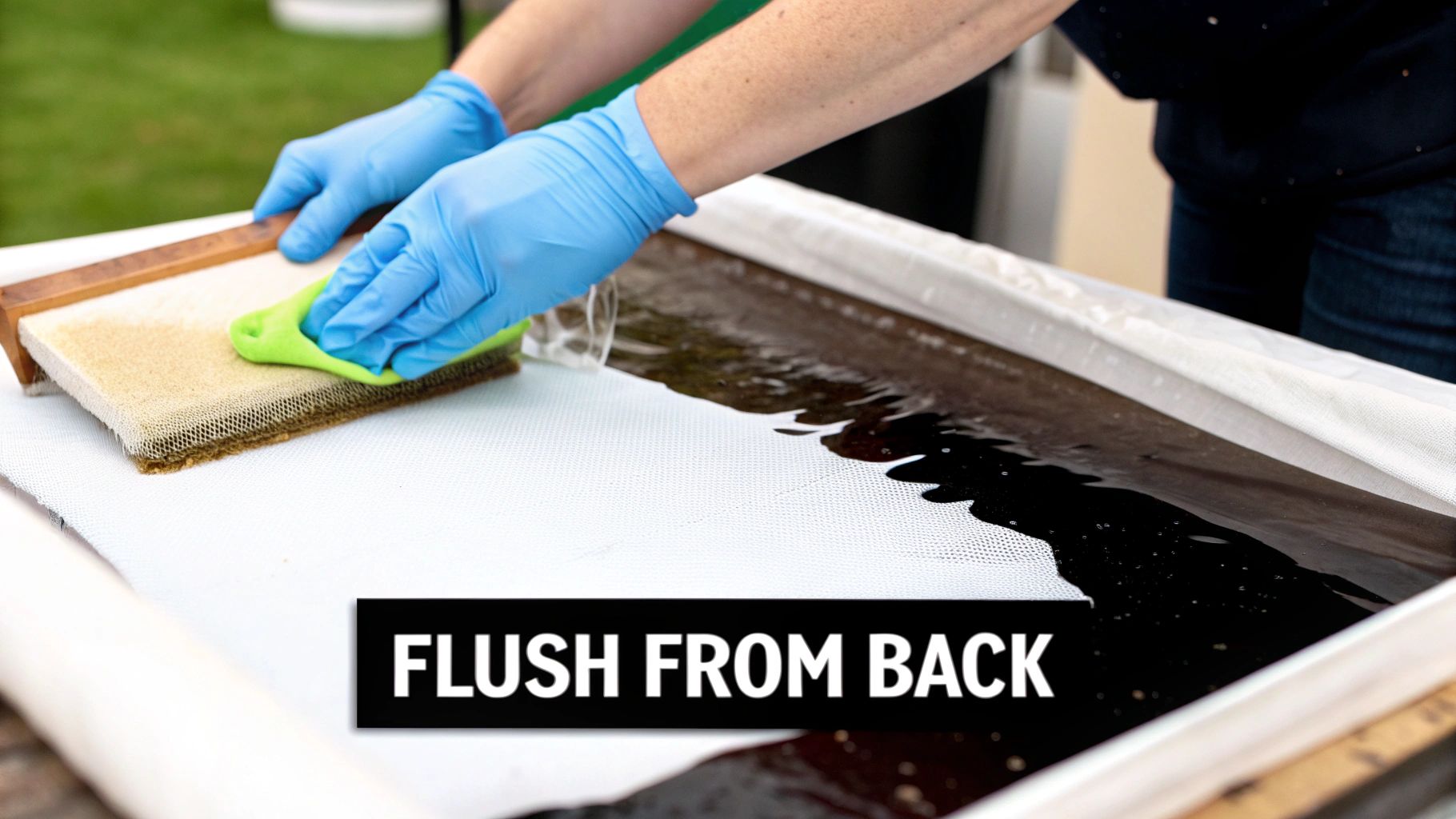 Person in blue gloves uses a green scrubber to clean a dirty screen or filter, flushing dark liquid.