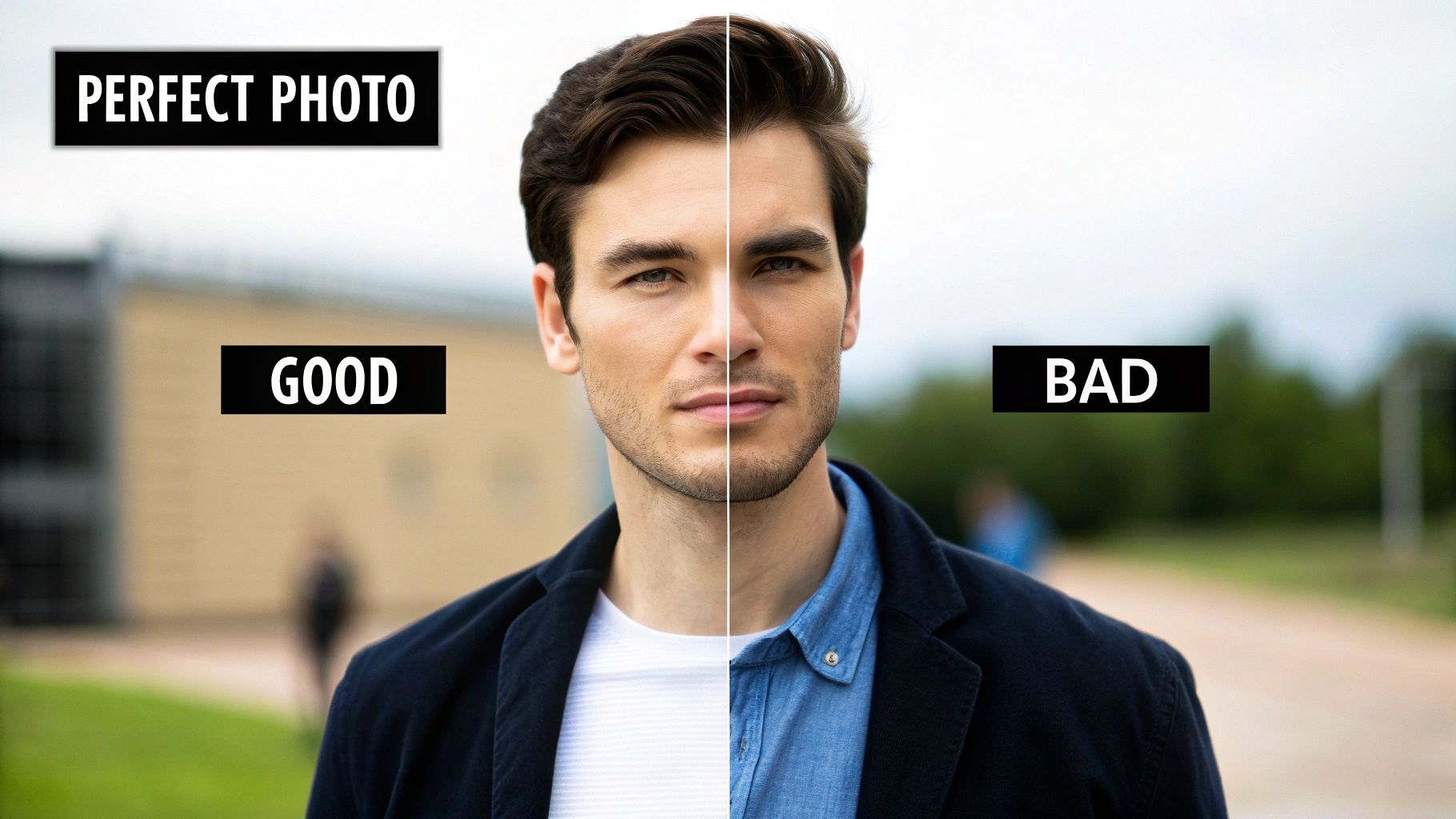 Side-by-side comparison of a man's face, illustrating good and bad photo quality with labels.