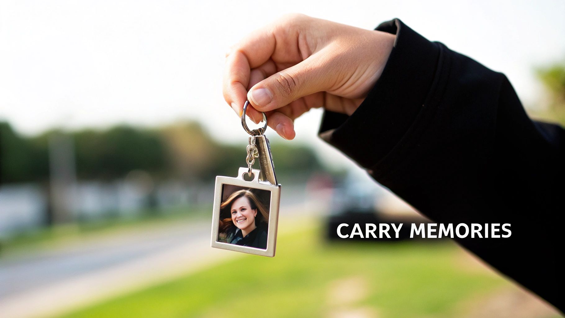 A close-up of a person holding a keychain with a picture of their dog inside a heart-shaped frame, showcasing the sentimental value of these accessories.