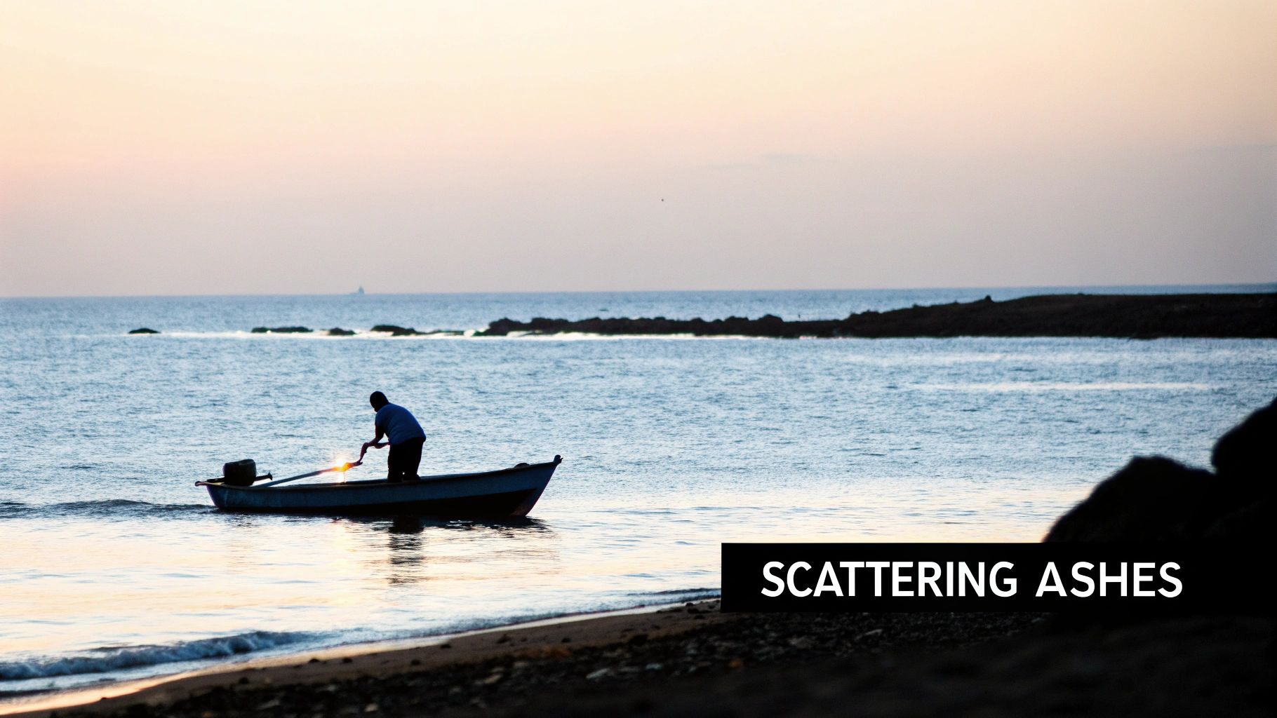 A person in a small boat at sunset scatters ashes into the calm ocean water.