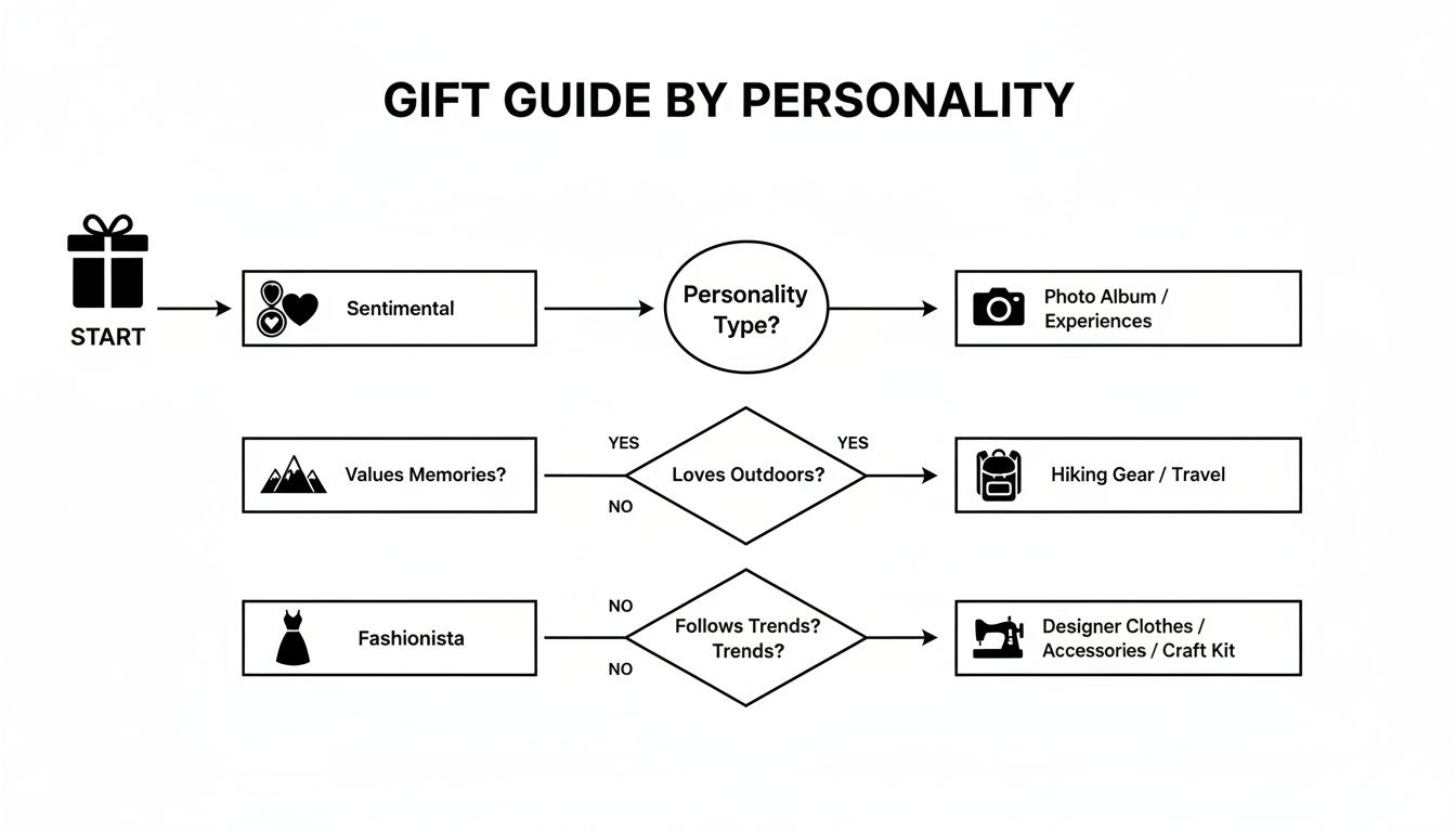 A gift guide flowchart showing personalized gift ideas based on personality traits like sentimental, outdoorsy, or fashionista.