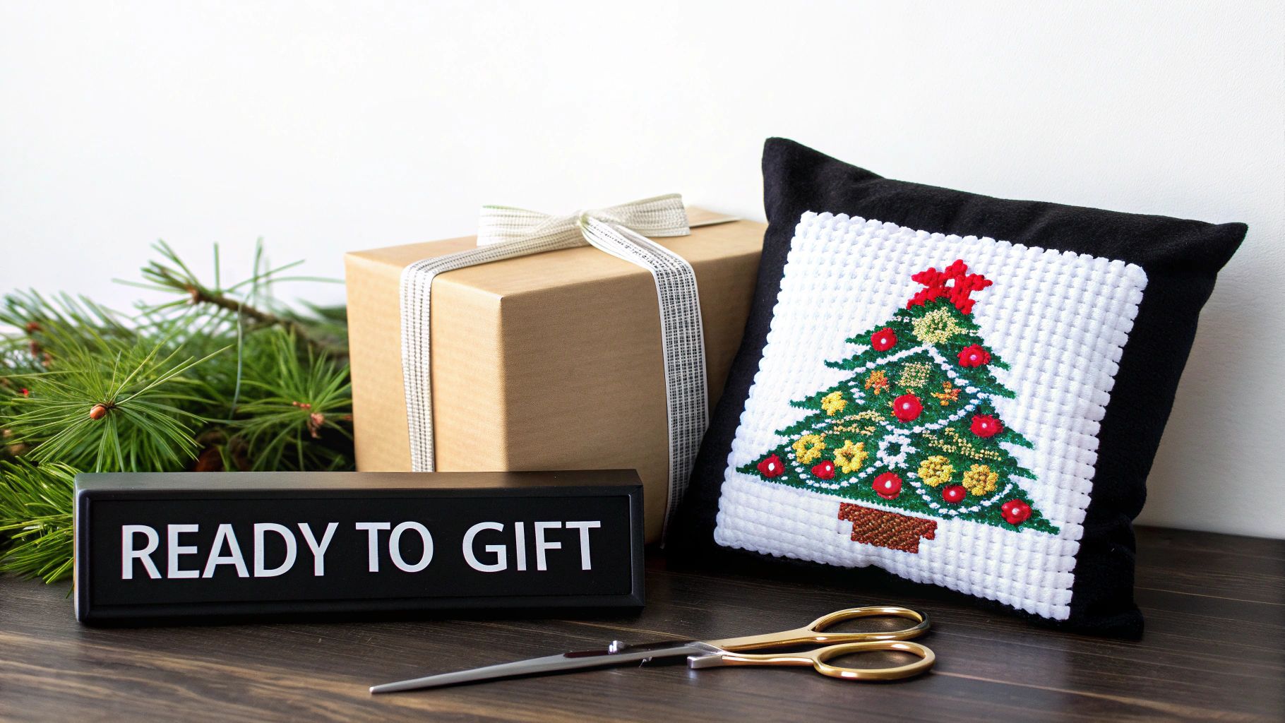 A festive scene with a cross-stitch Christmas tree pillow, gift box, pine branches, and a 'READY TO GIFT' sign.