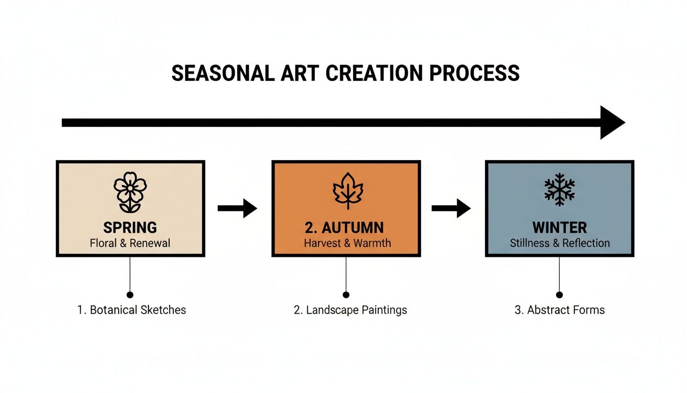 Flowchart showing a seasonal art creation process from Spring to Winter with associated styles.
