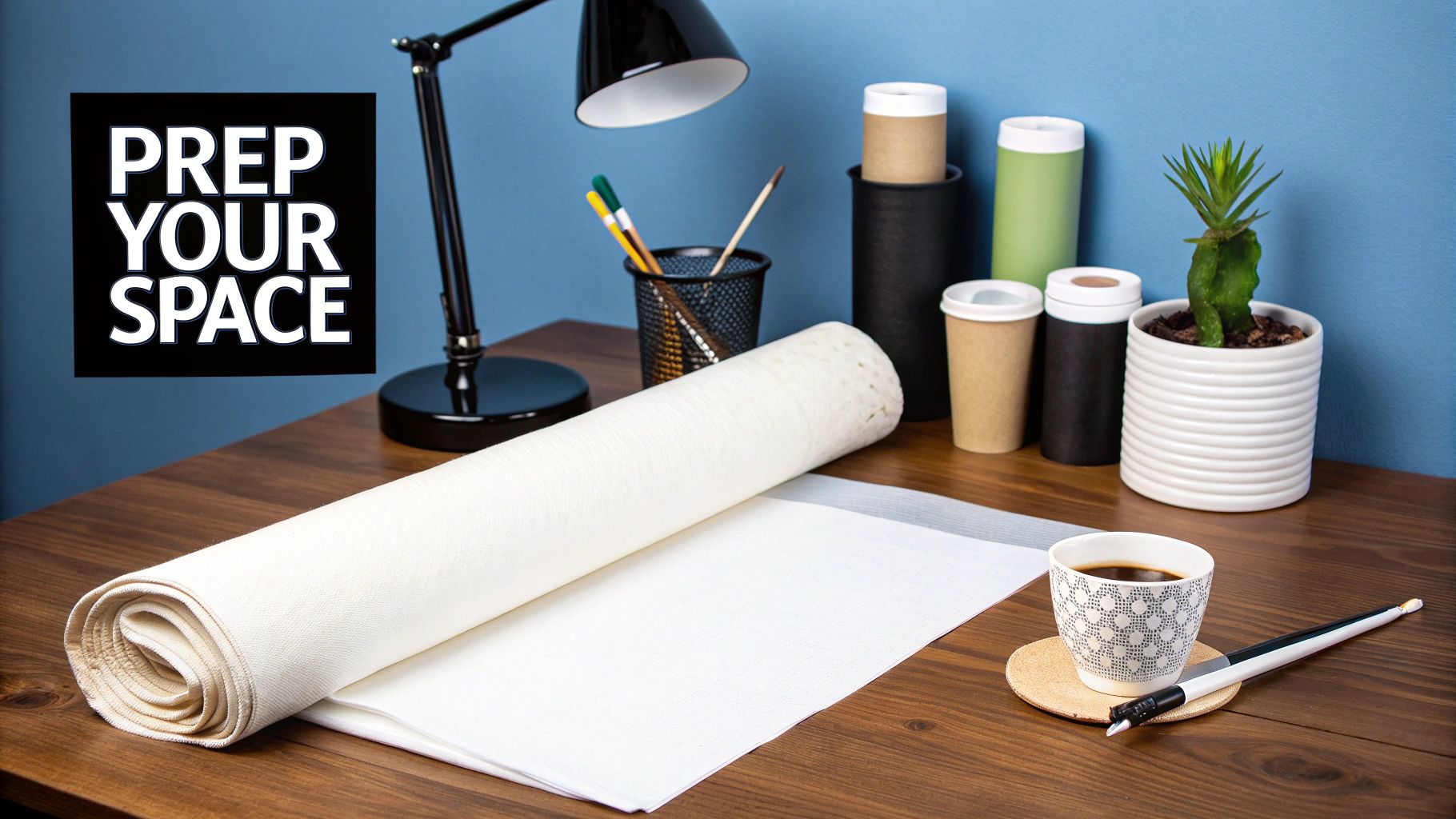Organized workspace desk with rolled canvas, coffee cup, art supplies and desk lamp on blue background