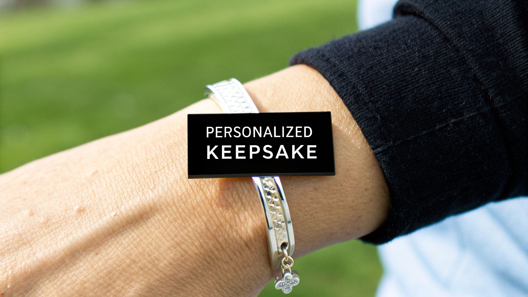 A close-up of a person's arm wearing a silver bracelet with a charm, highlighting a personalized keepsake.