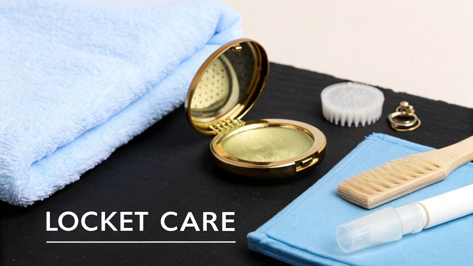 A flat lay of locket care essentials: an open gold locket, blue cloths, and cleaning brushes.