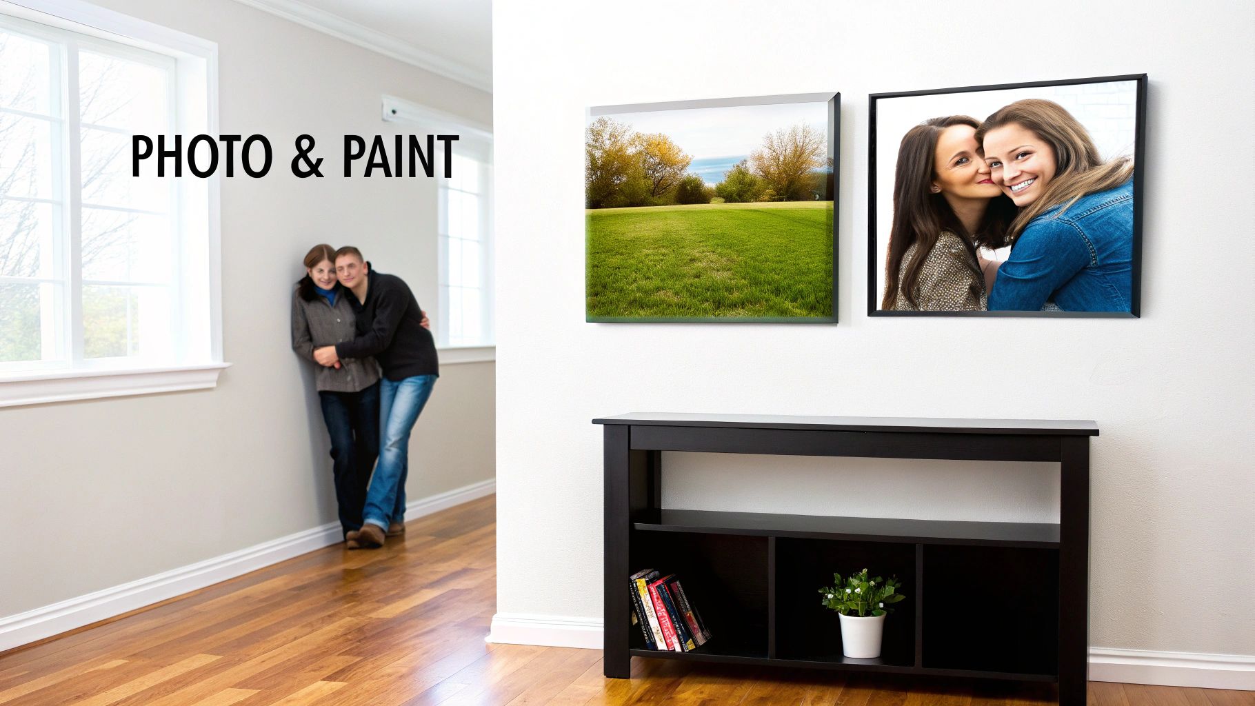 A couple stands in a bright hallway, while a white wall displays framed photos and a black console table.