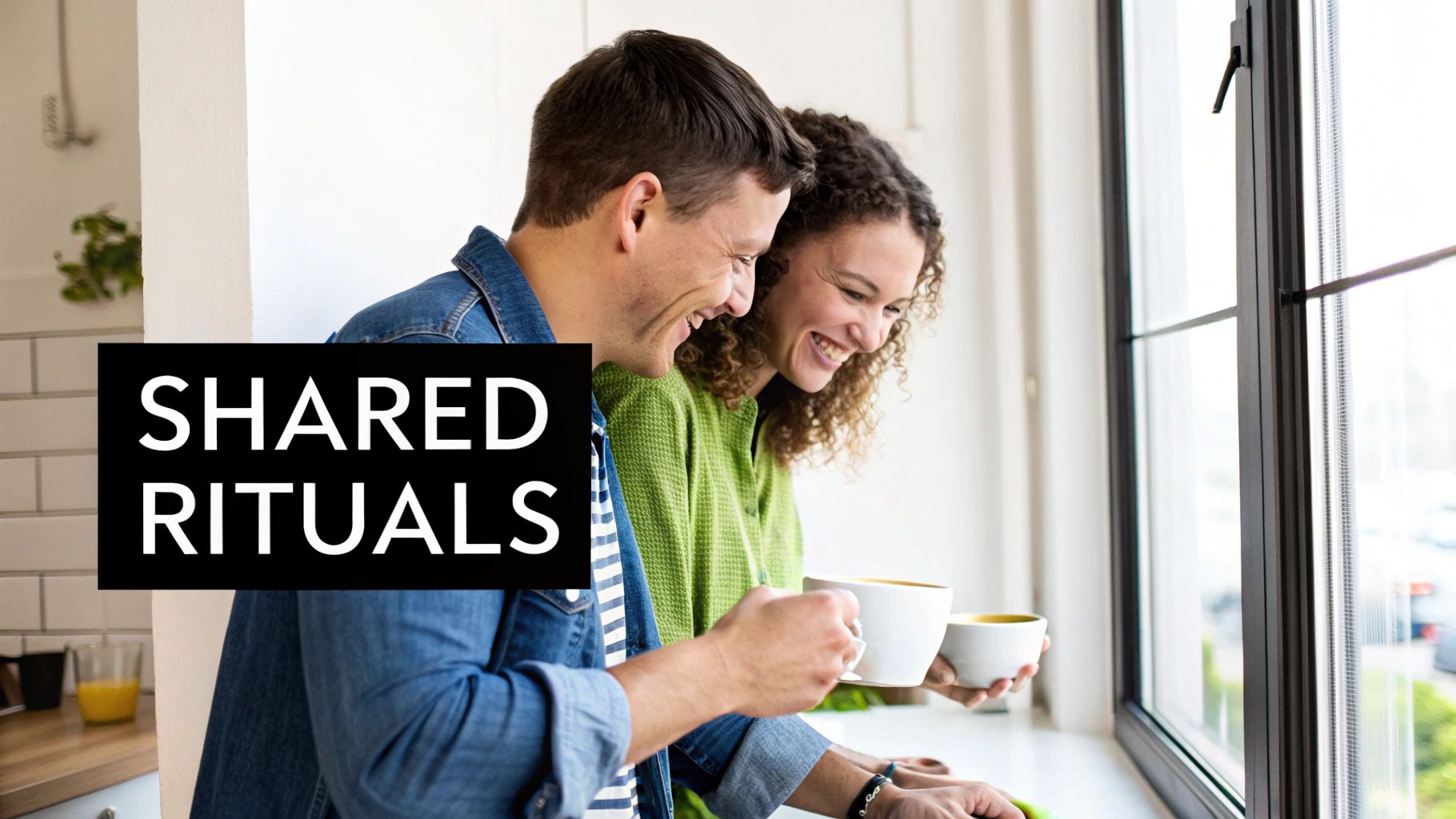 A happy couple sharing a fun, intimate moment together, laughing and connecting.