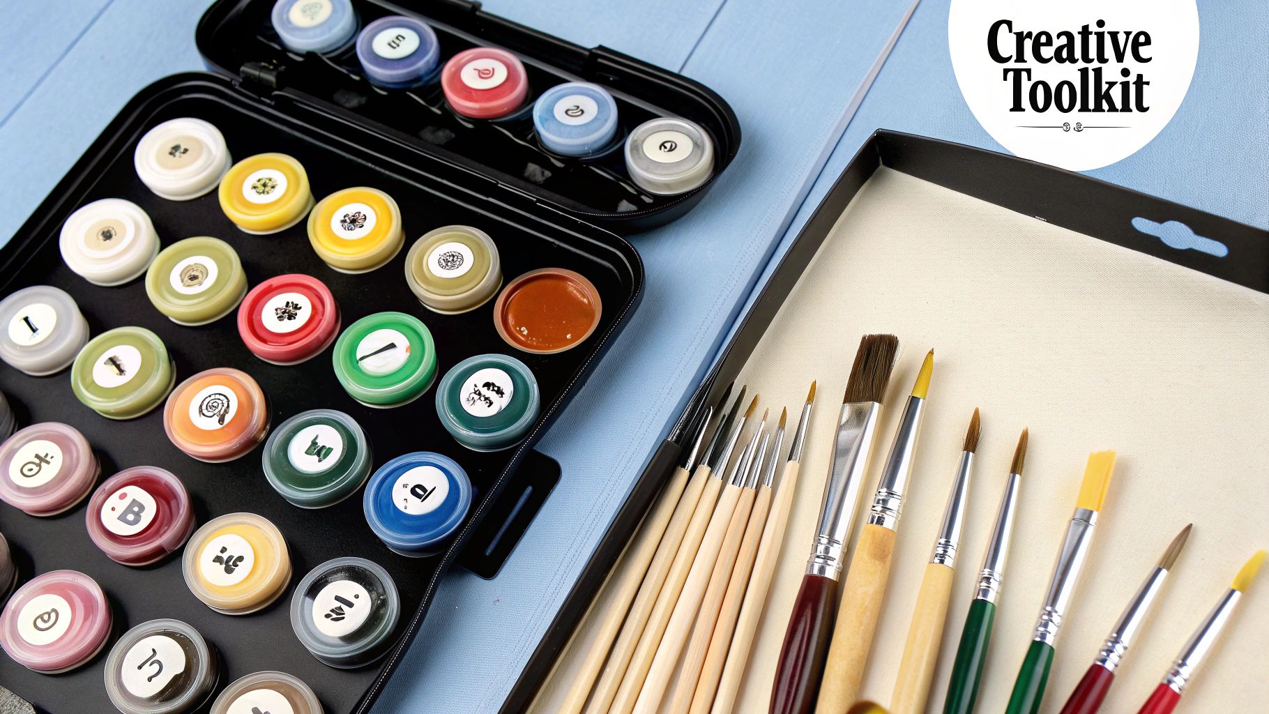 A paint by number kit laid out neatly, showing the canvas, numbered paint pots, and brushes.