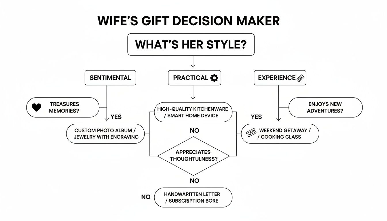 A flowchart titled 'Wife's Gift Decision Maker' guiding choices based on sentimental, practical, or experience styles.