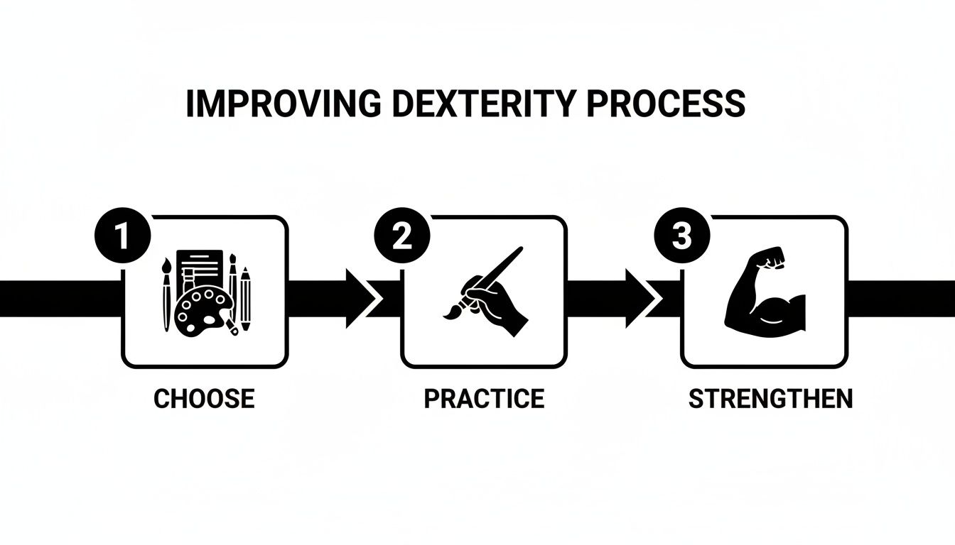 A three-step diagram illustrating the process of improving dexterity: Choose, Practice, Strengthen.