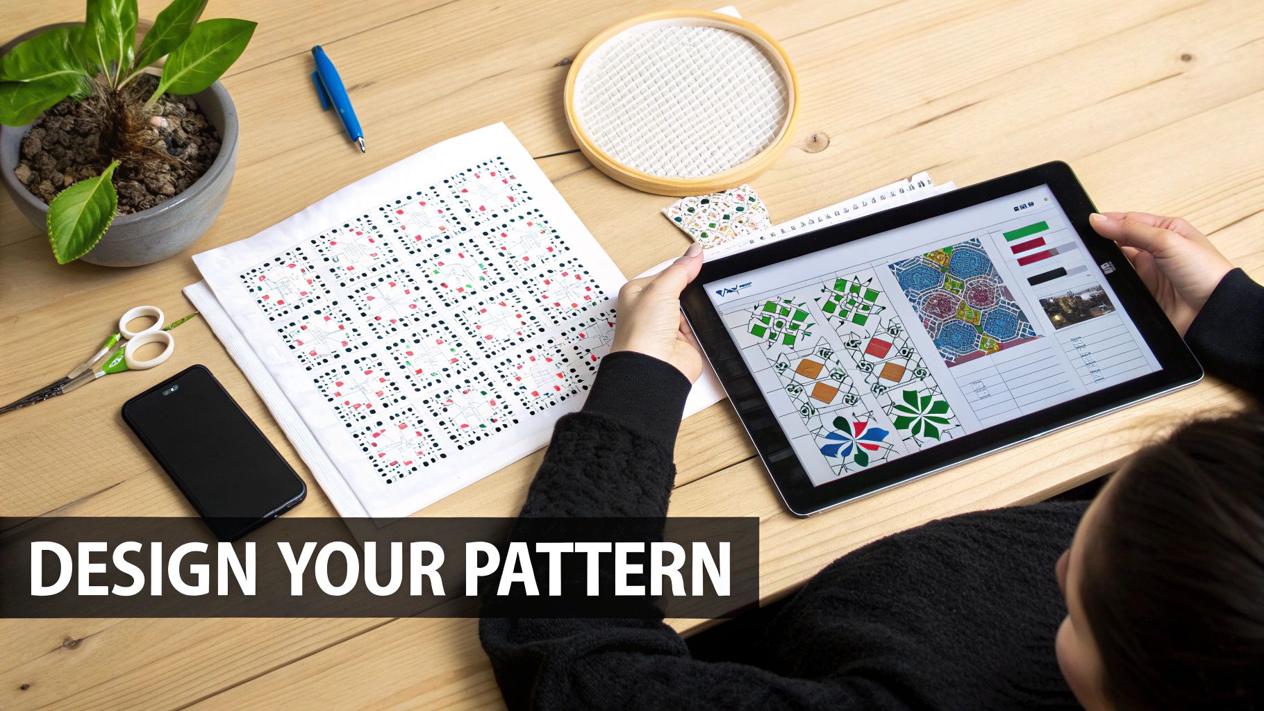 A finished cross stitch project of a floral design hanging on a wall