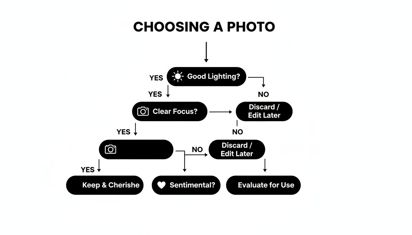 A flowchart titled 'Choosing a Photo' guiding decisions based on lighting, focus, and sentiment.