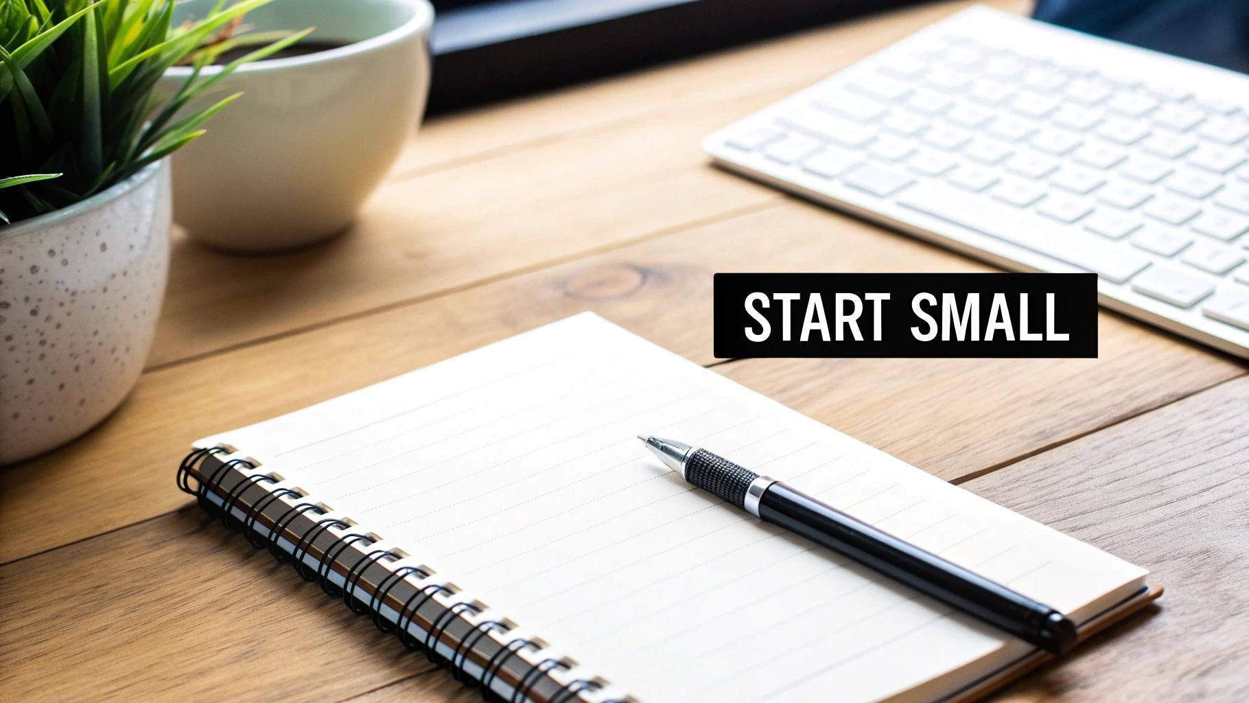 A workspace with a notebook, pen, plant, coffee cup, and a computer keyboard, featuring 'START SMALL' text.