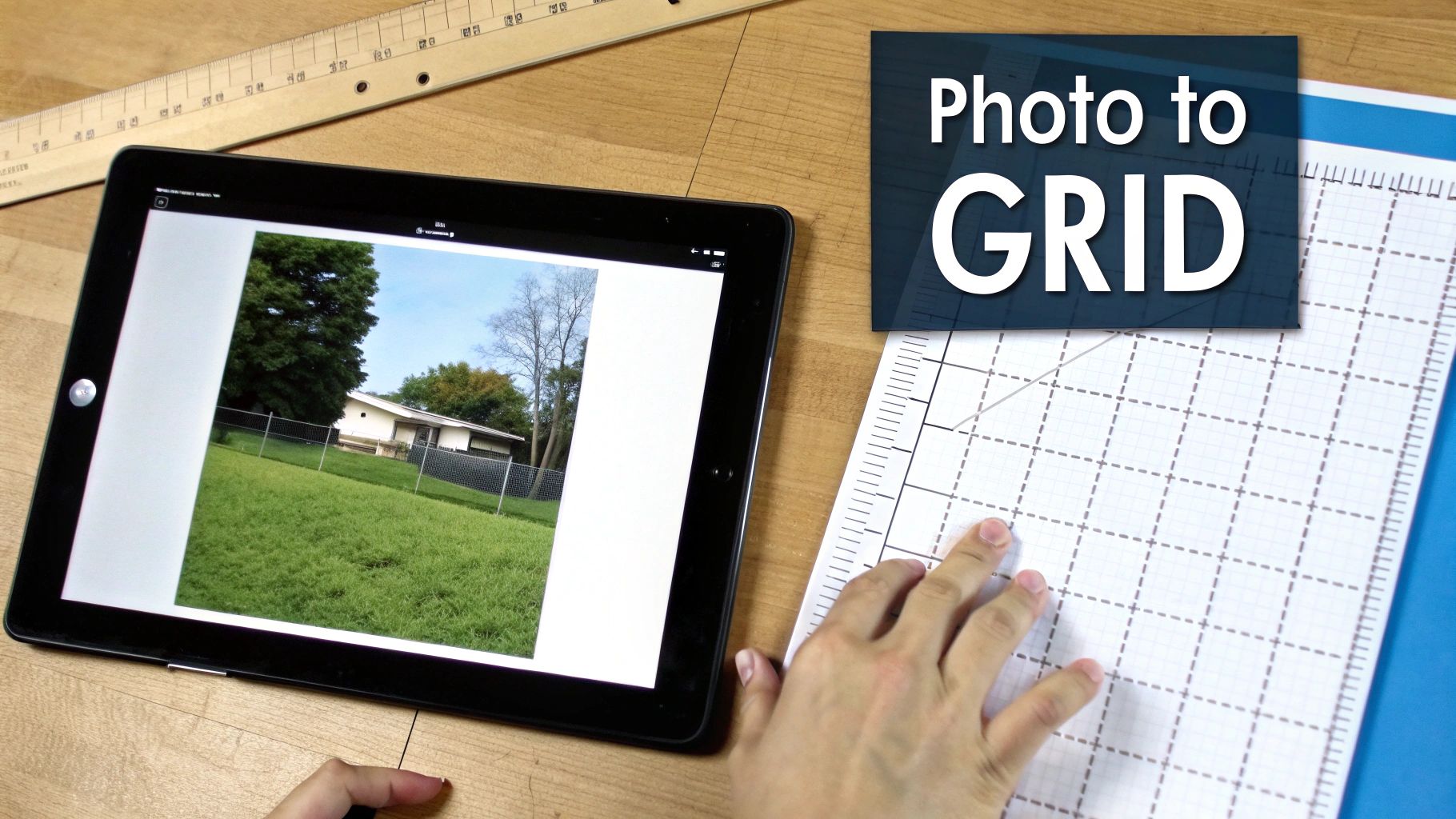 A person using a tablet with a stylus to design a cross-stitch pattern on a grid interface.