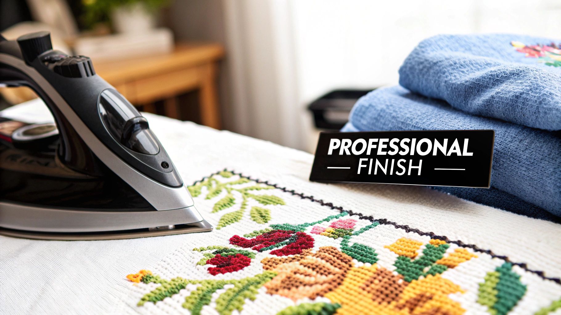 An iron rests on a beautifully embroidered cross-stitch fabric next to a sign saying 'PROFESSIONAL FINISH'.