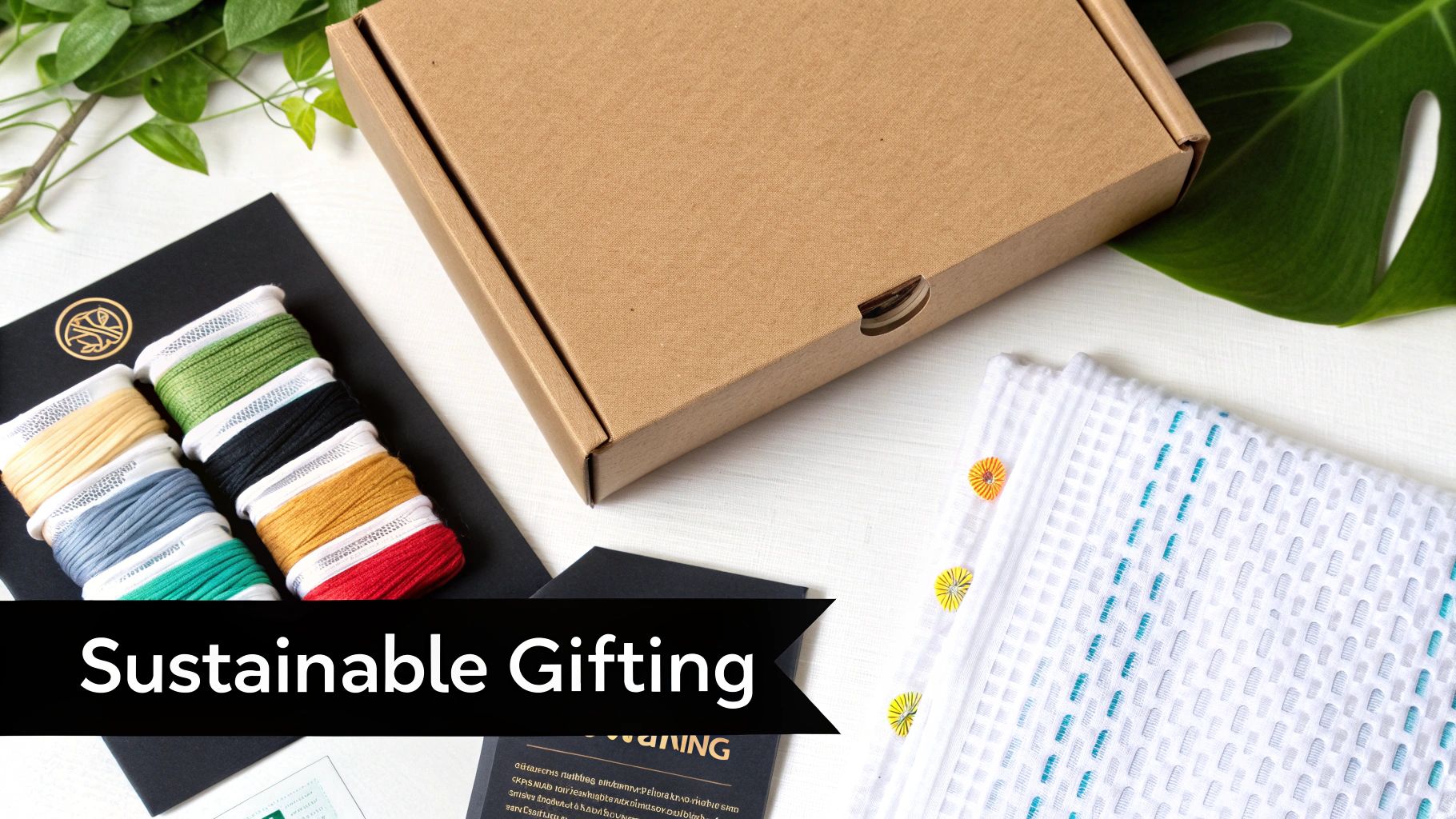 A flat lay of sustainable crafting gifts, including colorful embroidery threads, a waffle-knit towel, and a brown gift box.