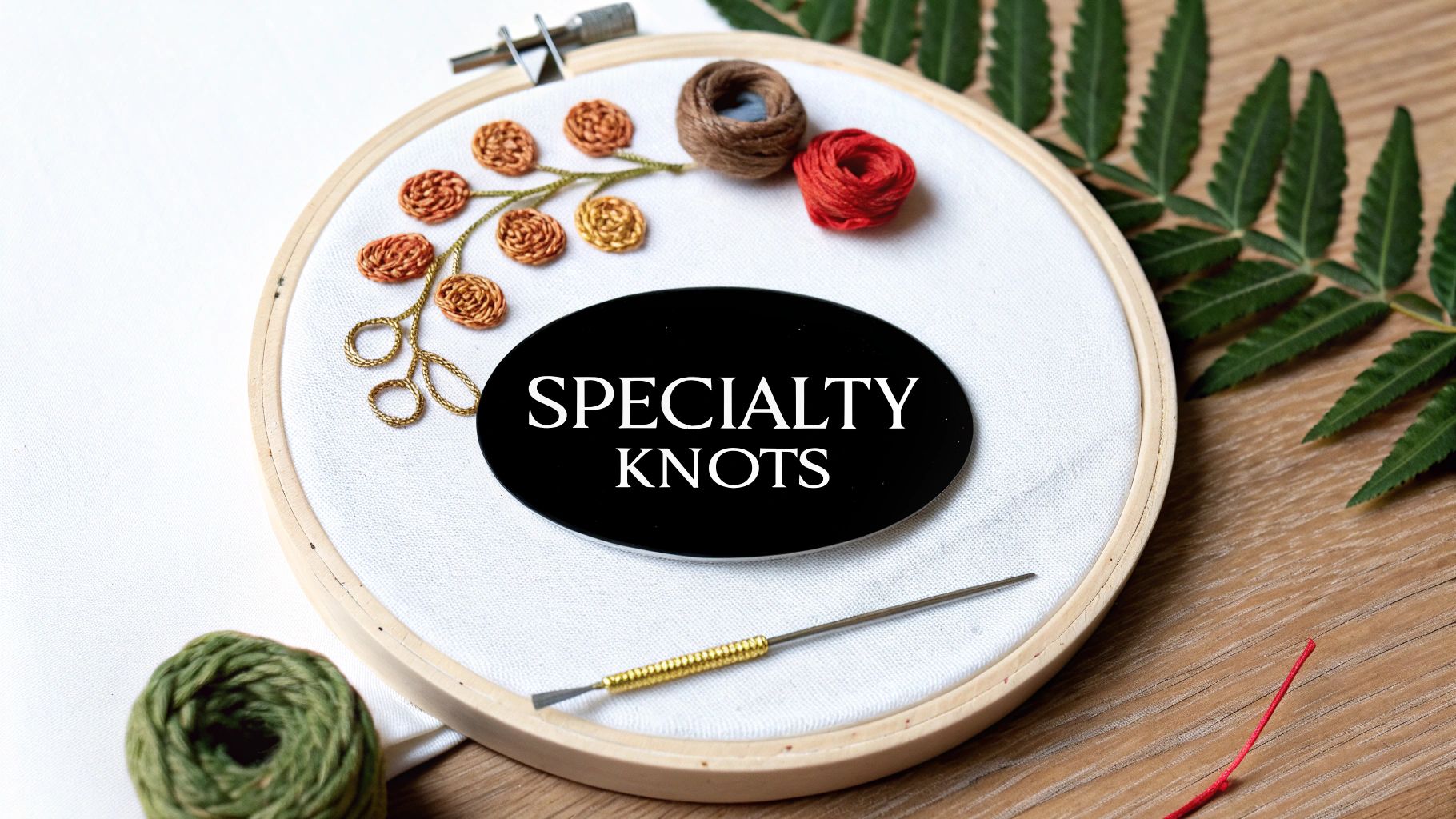 An embroidery hoop with a "SPECIALTY KNOTS" label, floral knot embroidery, and colorful threads.