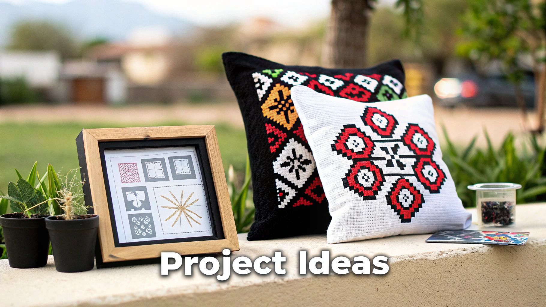 A display of handmade embroidery projects, including patterned pillows, framed designs, and small potted plants.