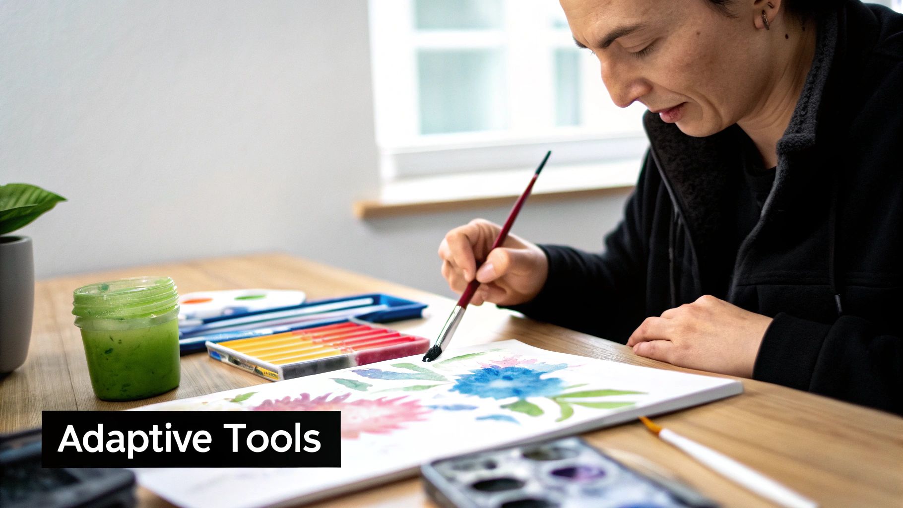 An adult focused on painting watercolors, creating colorful flowers on paper with a paintbrush.