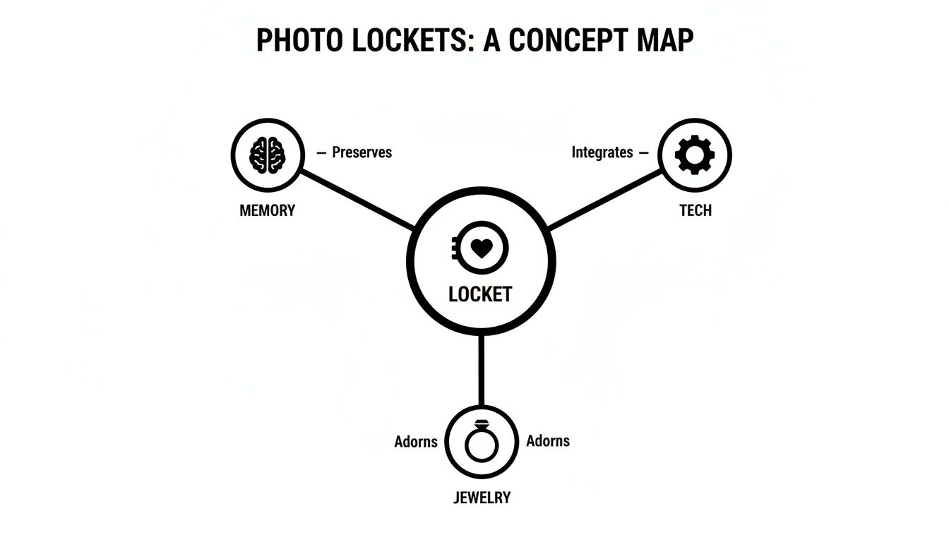A concept map showing photo lockets at the intersection of memory, technology, and jewelry.