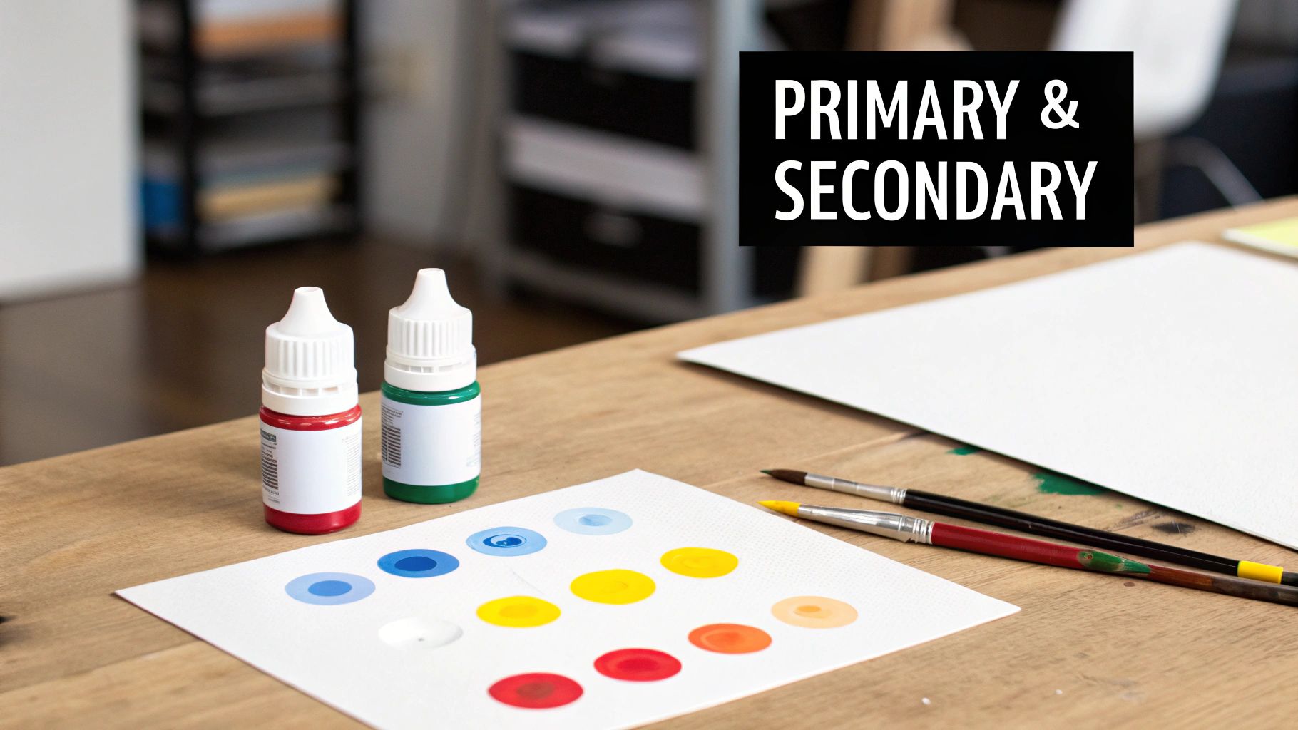 Art supplies including dropper bottles, paintbrushes, and color swatches on a wooden desk, illustrating primary and secondary colors.