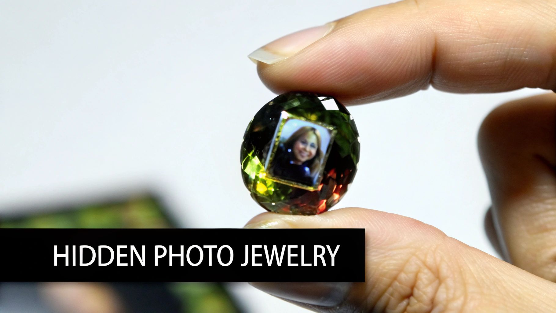A hand gently holds a unique faceted gemstone containing a tiny framed photo of a smiling woman.