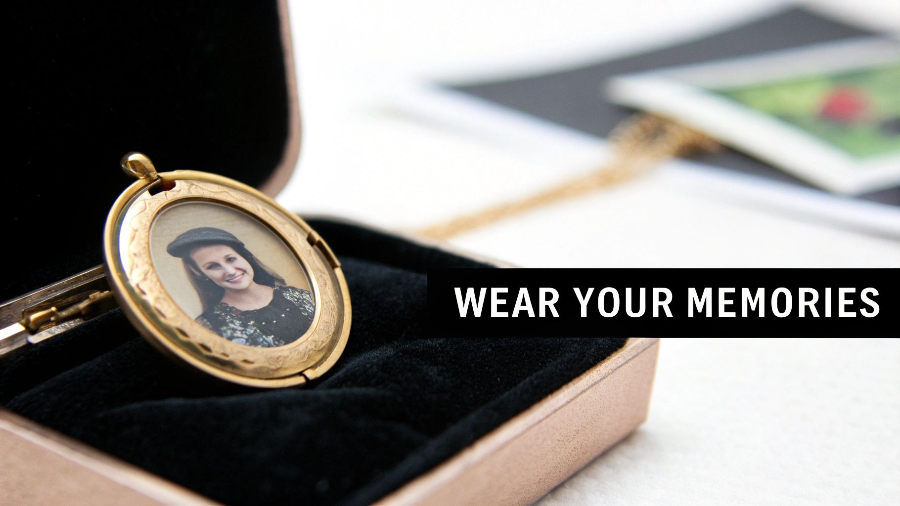 Close-up of an open gold locket with a photo of a smiling woman, nestled in a velvet box.
