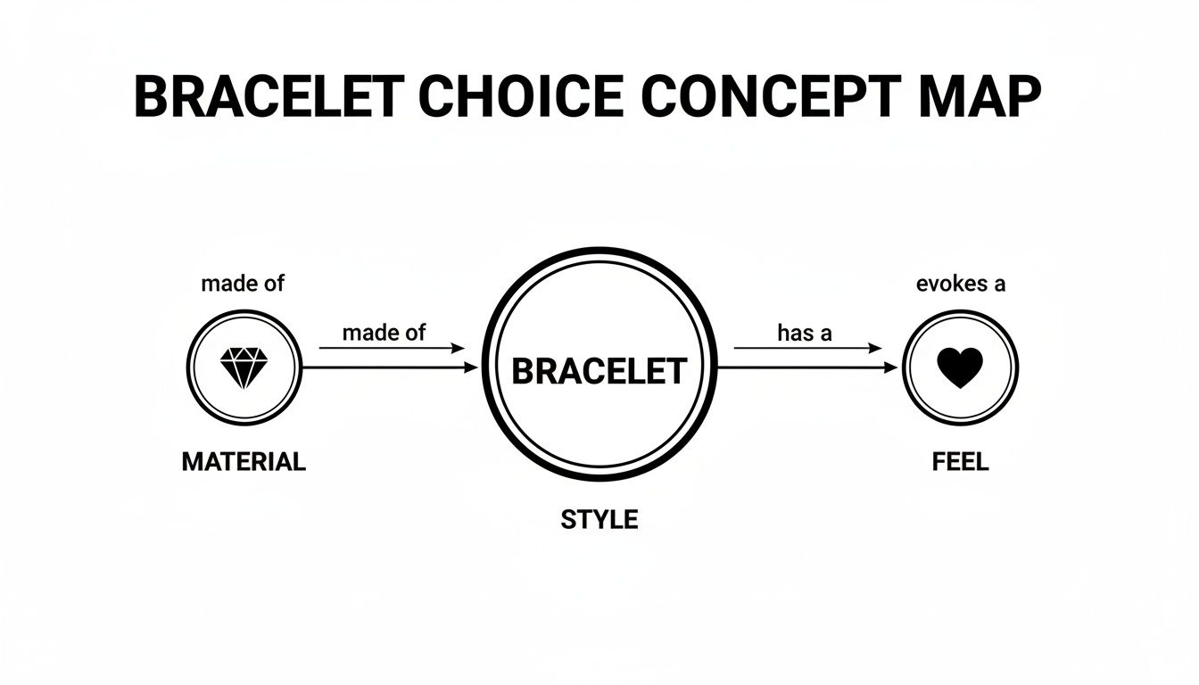 Concept map illustrating the relationship between bracelet material, style, and the feel it evokes.