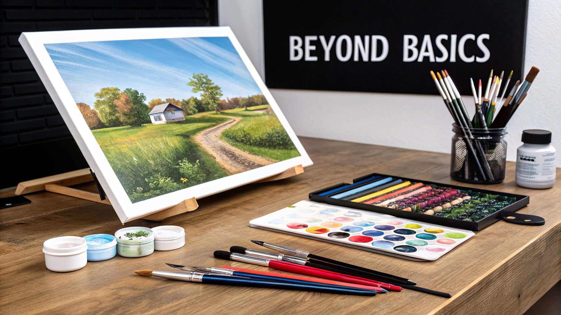 A landscape painting on an easel surrounded by art supplies, brushes, and watercolors on a wooden table.