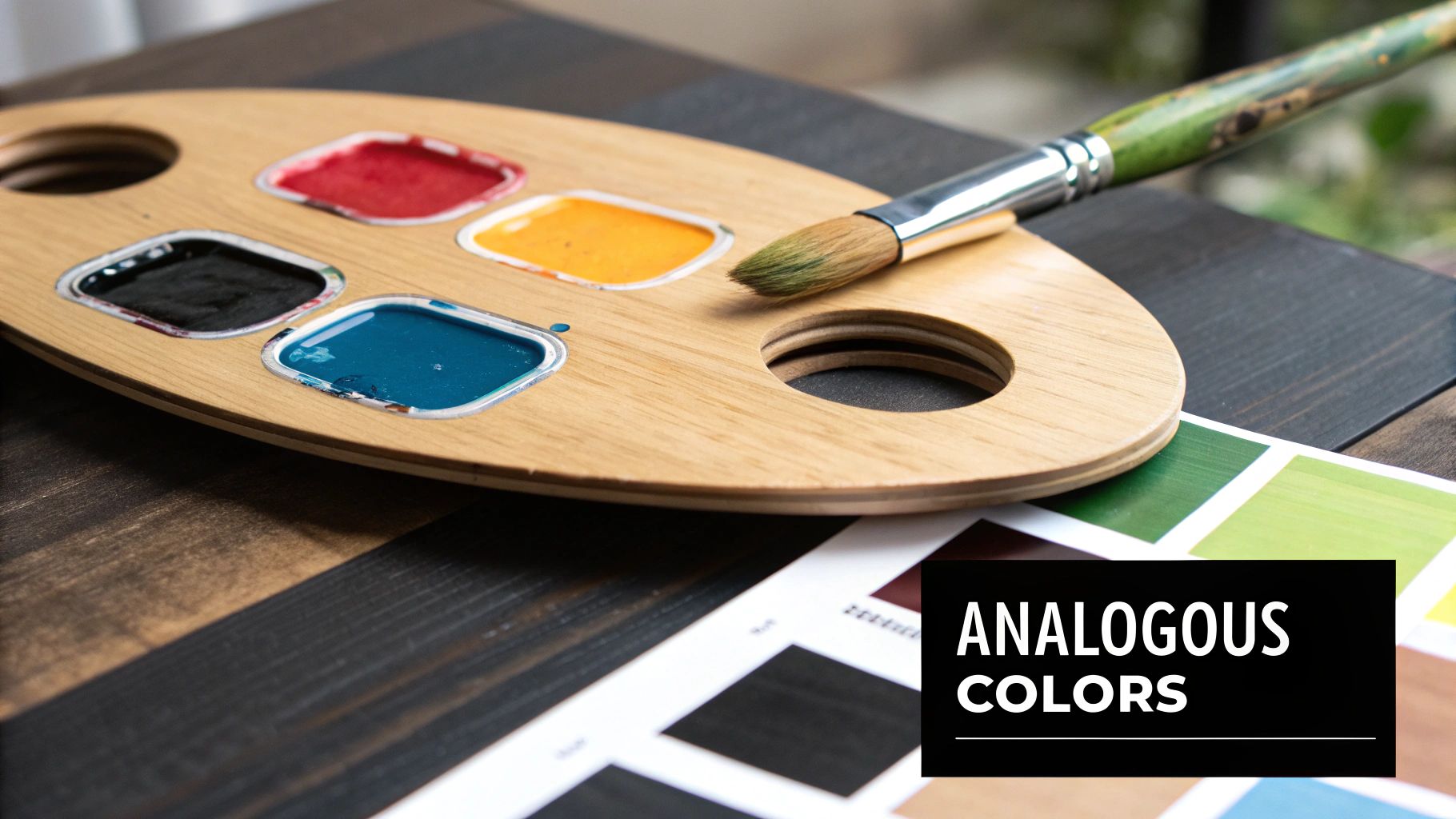 A beautiful, harmonious painting showcasing a serene landscape using an analogous color palette of blues, greens, and teals.