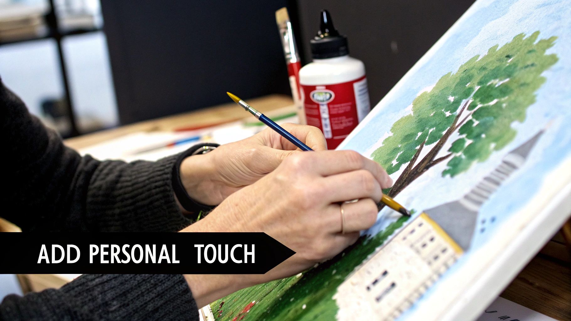 A couple proudly displaying their finished paint by numbers artwork.