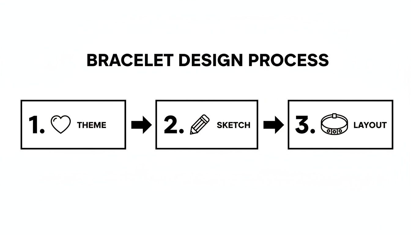A three-step graphic showing the bracelet design process: Theme, Sketch, and Layout.