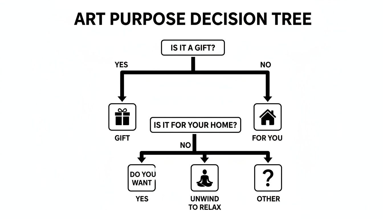 Art purpose decision tree flowchart guiding users through gift, home, or personal use choices.