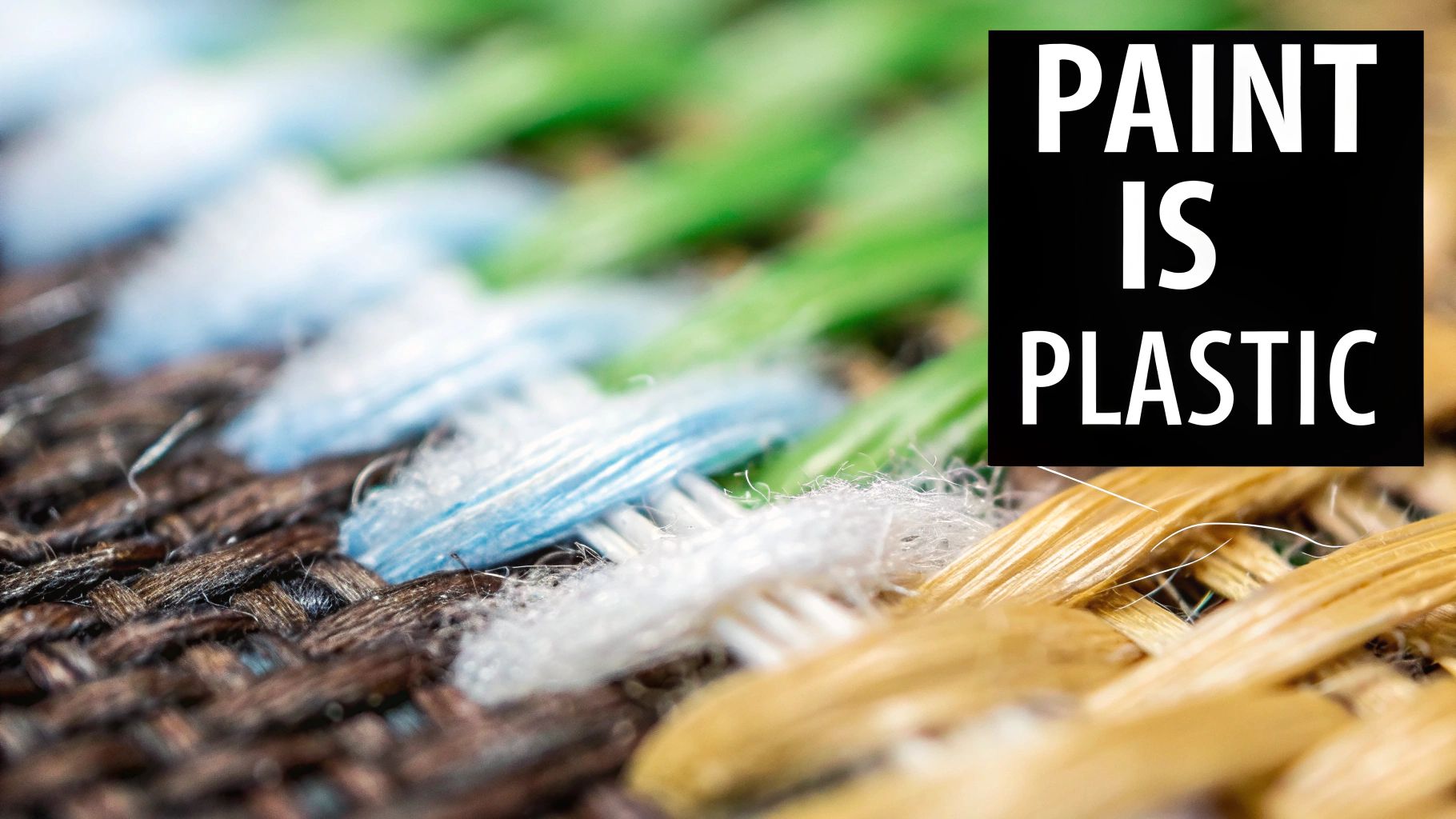 Macro close-up of woven fabric showing diverse colored threads and 'PAINT IS PLASTIC' text.