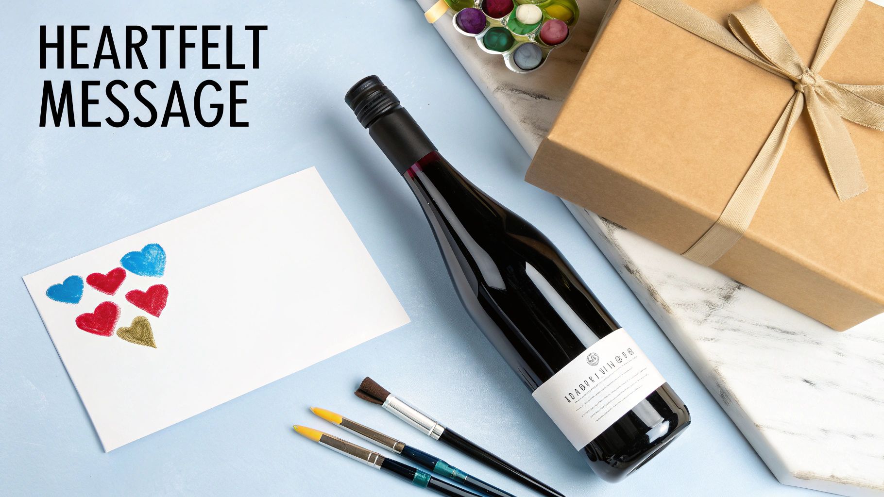 A flat lay of a wine bottle, a card with painted hearts, paintbrushes, and a gift box, symbolizing a heartfelt message.