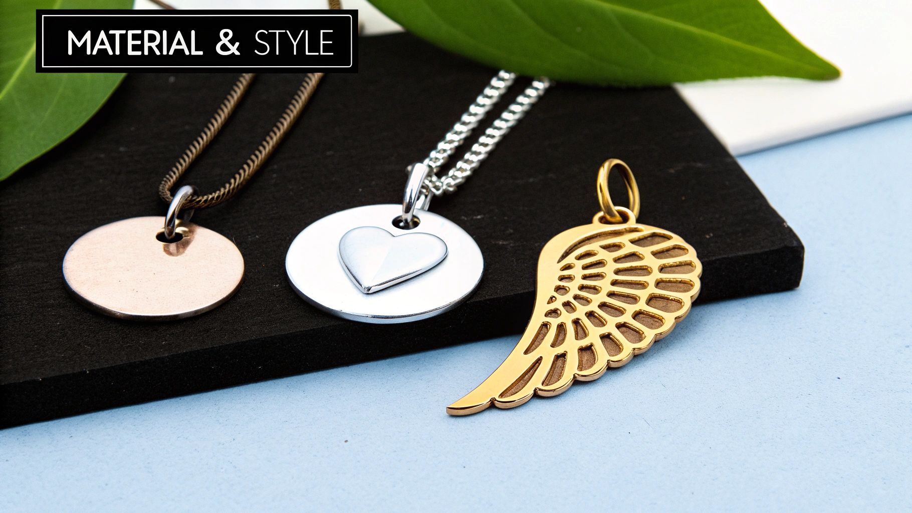 A close-up of different styles of pendants with pictures inside, showing heart, circle, and custom shapes.