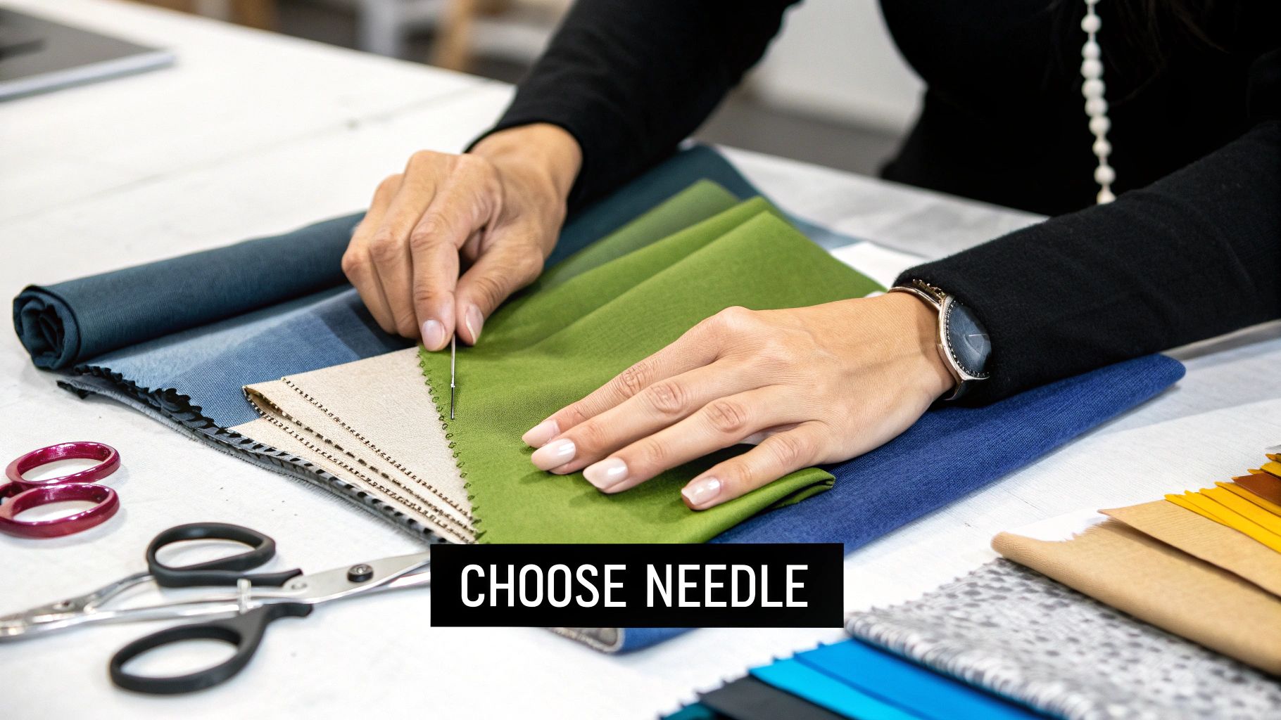 Embroidery floss being threaded through the eye of a needle