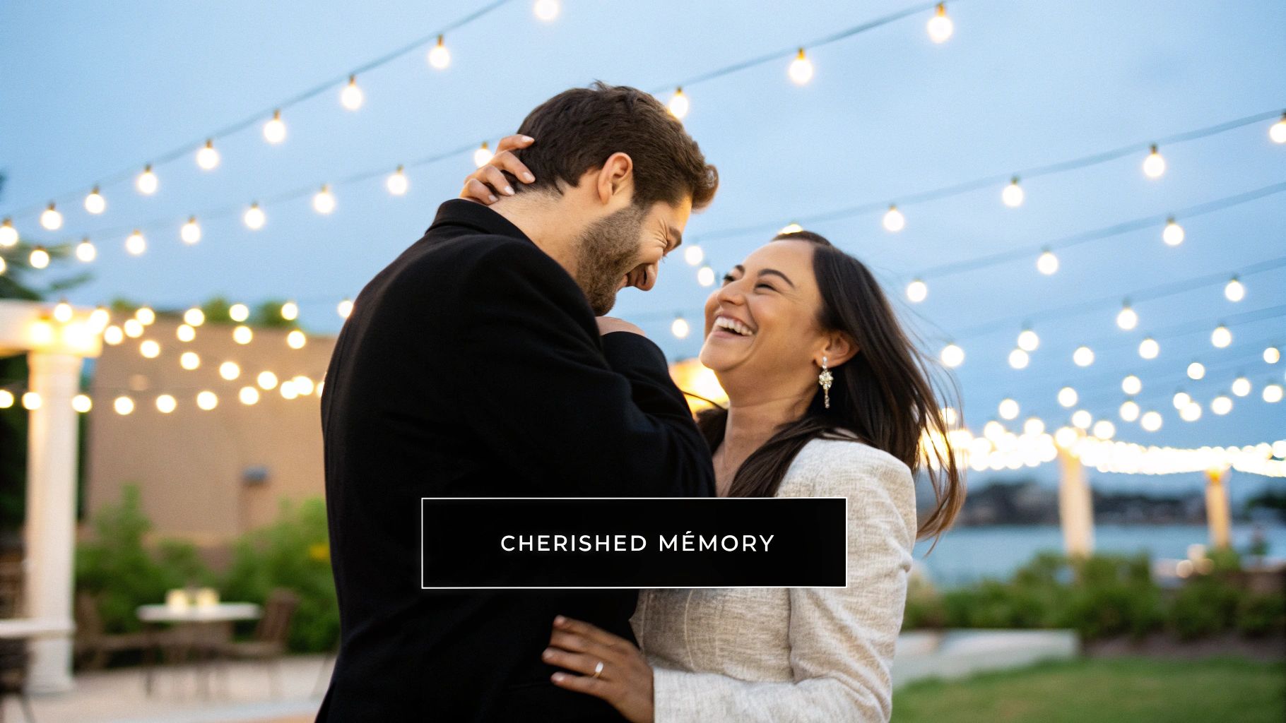 A woman looking at a projection necklace that's lit up, showing a photo inside.