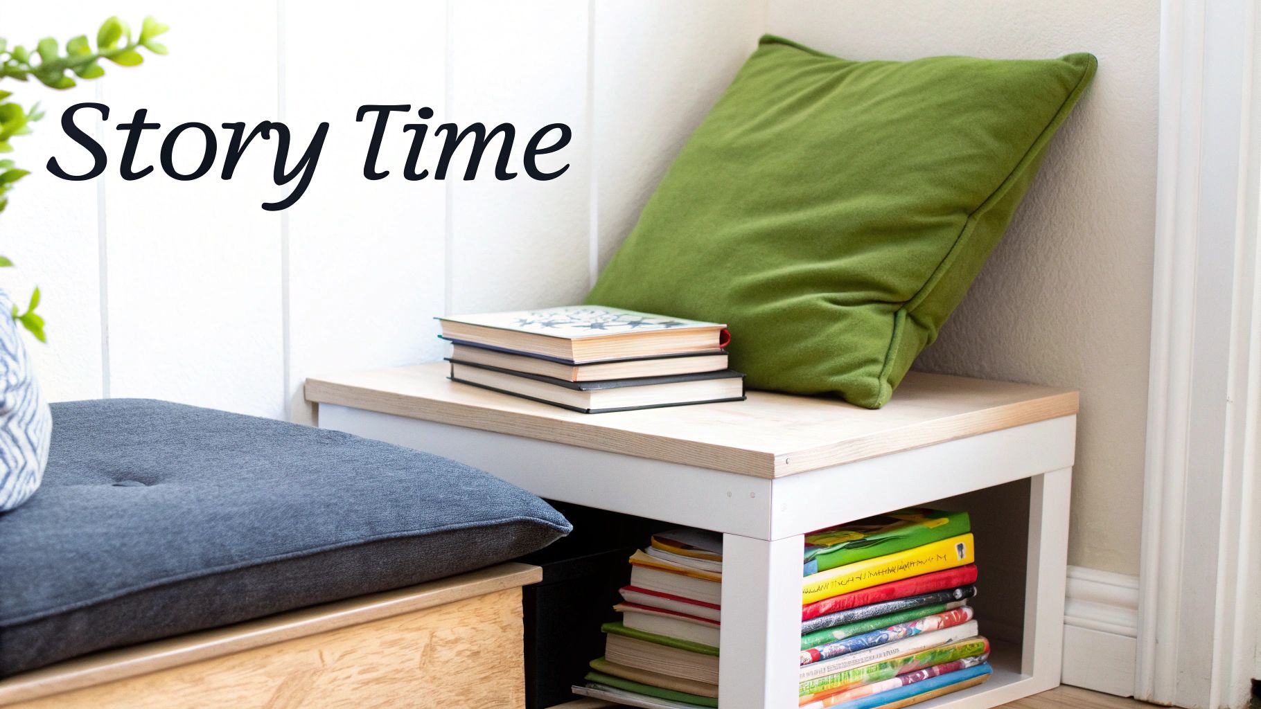 A cozy reading nook with a wooden bench, a green pillow, and stacks of colorful books.