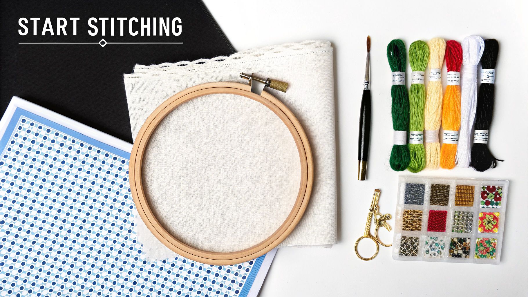 A flat lay of cross-stitch and embroidery supplies including hoop, fabric, colorful floss, scissors, and patterns on a white background, with 'START STITCHING' text.